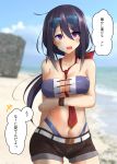  1girl absurdres ariake_(kantai_collection) bangs beach between_breasts bikini black_hair blue_sky blurry breasts brown_shorts cleavage cloud commentary_request cowboy_shot day depth_of_field eyewear_on_head hair_over_one_eye highleg highleg_bikini highleg_swimsuit highres kantai_collection large_breasts long_hair looking_at_viewer low_ponytail navel neckerchief outdoors purple_eyes red_neckwear rock shiba_(zudha) shorts sky solo sunglasses swimsuit translation_request 
