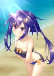  1girl ankokuboshi_kurome bangs beach bikini choujigen_game_neptune closed_mouth commentary_request crossed_arms eyebrows_visible_through_hair frown hair_between_eyes hair_ornament hairclip highres long_hair looking_at_viewer neptune_(series) purple_eyes purple_hair sakaki_jin&#039;ya solo standing sun_glare swimsuit twintails very_long_hair 