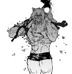  1girl arknights brass_knuckles cowboy_shot escanor facial_hair greyscale grin hand_up highres holding holding_weapon index_finger_raised looking_at_viewer manly monochrome mustache nanatsu_no_taizai over_shoulder parody shirt short_shorts shorts siege_(arknights) simple_background smile solo ssambatea topless torn_clothes torn_shirt war_hammer weapon weapon_over_shoulder white_background 