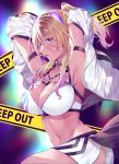  1girl blonde_hair blurry blurry_background breasts brown_hair caution_tape cleavage gradient_hair gyaru halter_top halterneck highres idolmaster idolmaster_shiny_colors izumi_mei jacket keep_out large_breasts long_hair multicolored multicolored_background multicolored_hair navel open_clothes open_jacket profile purple_eyes purple_hair shorts side_slit solo streaked_hair tongue tongue_out white_jacket white_shorts yam_(yamap_mako) 