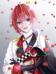  1boy black_eyes crown flower highres holding holding_flower looking_down open_mouth r_3yan red_flower red_hair red_rose riddle_rosehearts rose solo twisted_wonderland 