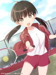  1girl ball brown_hair highres open_mouth original outdoors playing_sports racket solo sport tennis_ball tennis_court tennis_racket twintails uramakaron 