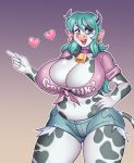  &lt;3 5_fingers absurd_res anthro big_breasts bottomwear bovid bovine breasts cattle cleavage clothed clothing cowbell curvy_figure ear_piercing ear_ring female fingers gradient_background green_hair hair hand_on_hip hi_res holstein_friesian_cattle horn hotpants huge_breasts mammal nauth piercing shorts simple_background solo thick_thighs voluptuous 
