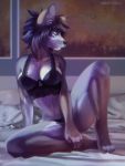  2020 4_toes 5_fingers absurd_res anthro black_hair black_nose blue_eyes bra canid canine canis clothing digital_media_(artwork) eri-yo female fingers hair hi_res mammal panties sitting smile solo text toes underwear url wolf 