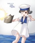  1girl adapted_turret black_hair blue_sailor_collar bobokuboboku brown_eyes cannon character_name commentary_request cowboy_shot dated dress hat hiburi_(kantai_collection) highres kantai_collection low_ponytail one_eye_closed sailor_collar sailor_dress sailor_hat shoes short_hair short_sleeves simple_background solo standing turret twitter_username uwabaki water white_background white_dress white_headwear 