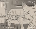  2020 anthro apron arzmx cake camera_view canid canine clothed clothing cross-popping_vein detailed_background disney duo female food fox fully_clothed fur hi_res inktober inside judy_hopps kitchen lagomorph leporid looking_at_viewer male mammal nick_wilde rabbit recording red_fox signature sink standing vein zootopia 
