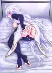  1girl :d anus ass bangs bar_censor blush bodysuit breasts censored fate/prototype fate_(series) highres long_hair looking_at_viewer merlin_(fate/prototype) nipples open_mouth pillow pussy smile solo spread_pussy sukumo_(kemutai) sweat very_long_hair white_hair 