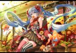 1girl ahoge air_bubble animal architecture autumn autumn_leaves bangs bare_shoulders black_skirt blue_eyes blue_hair bubble covered_mouth day east_asian_architecture feet_out_of_frame fish floating_hair floral_print flower goldfish hair_between_eyes hair_flower hair_ornament hakama_skirt haori hatsune_miku holding holding_leaf immersed japanese_clothes kanzashi kimono lace-trimmed_skirt lace_trim leaf letterboxed long_hair looking_at_viewer maple_leaf michi_(iawei) miniskirt mismatched_legwear off_shoulder pleated_skirt print_kimono red_legwear sash short_kimono sidelocks sitting skirt sleeveless sleeveless_kimono solo striped striped_legwear submerged tassel thighhighs twintails vase vertical-striped_legwear vertical_stripes very_long_hair vocaloid zettai_ryouiki 