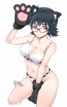  1girl animal_ears bangs black_gloves black_hair bra breasts cat_ears cleavage feet_out_of_frame glasses gloves highres hunter_x_hunter large_breasts medium_hair navel panties pink_eyes relaxjon shizuku_(hunter_x_hunter) signature simple_background solo underwear underwear_only white_background white_bra white_panties 