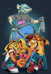  abstract_background absurd_res activision anthro bandicoot big_butt blonde_hair bottomwear bracelet brown_clothing brown_footwear brown_jacket brown_shoes brown_topwear butt butt_focus clothed clothing coco_bandicoot crash_bandicoot crash_bandicoot_(series) cutoffs denim denim_clothing dtrain2695 ear_piercing eyebrows female fingerless_gloves footwear gesture gloves green_eyes group hair hand_on_hip handwear hi_res highlights_(coloring) jacket jeans jewelry kneeling leg_warmers legwear looking_at_viewer looking_away male mammal marsupial overalls pants phone piercing pink_clothing pink_footwear pink_shirt pink_shoes pink_topwear pirate_tawna pose red_clothing red_footwear red_hair red_shoes rope selfie shirt shoes shorts sitting sneakers sparkles tawna_bandicoot thick_eyebrows tongue tongue_out topless topwear v_sign video_games wide_hips 