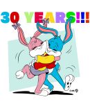  2020 anthro babs_bunny bodily_fluids buckteeth buster_bunny clothed clothing digital_media_(artwork) duo ear_bow english_text eyelashes eyes_closed female hi_res hug joaoppereiraus lagomorph leporid male mammal rabbit signature smile tears teeth text tiny_toon_adventures warner_brothers 