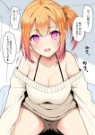  1girl bare_shoulders breasts brown_shorts cleavage heart highres large_breasts long_sleeves looking_at_viewer off-shoulder_sweater off_shoulder one_side_up orange_hair original purple_eyes shorts solo speech_bubble spoken_heart sweater takeyuu translation_request 