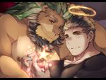  2boys alternate_costume animal_ears arsalan_(tokyo_houkago_summoners) bara bare_chest beard black_hair blonde_hair blush brown_eyes brown_fur casual chest clothing_cutout couple face-to-face facial_hair fire furry glowing green_hair halo highres lion_boy lion_ears male_focus medium_hair multicolored_hair multiple_boys muscle nipples pectoral_press shirtless short_hair star_(symbol) stubble thigh_cutout tokyo_houkago_summoners two-tone_hair yaoi yellow_eyes youzora_samo18 zabaniya_(tokyo_houkago_summoners) 