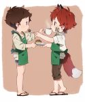  2boys animal_ears apron bandaid bandaid_on_face bangs bare_legs blue_shorts brown_background brown_eyes brown_hair brown_pants cake capri_pants collared_shirt copyright_request cup drink eye_contact feeding flip-flops food fork fox_boy fox_ears fox_tail freckles from_side full_body green_apron green_eyes highres holding holding_fork injury looking_at_another male_focus multiple_boys outstretched_arms pants plate profile red_hair sandals shirt shorts simple_background sleeves_rolled_up standing steam t-shirt tail thebrushking white_shirt 
