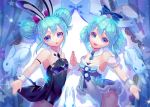  2girls :d animal_ears animal_print aqua_hair arm_strap bangs bare_shoulders beckoning bicute_bunnies_miku black_leotard black_neckwear blue_bow blue_eyes blush bow braid braided_bun breasts bunny bunny_ears bunny_print chestnut_mouth cleavage cowboy_shot curtains detached_collar detached_sleeves double_bun dual_persona ear_ribbon extra_ears eyelashes fake_animal_ears fishnet_legwear fishnets fur_trim hands_clasped hatsune_miku highres lace_trim leotard looking_at_viewer medium_breasts multicolored_leotard multiple_girls open_mouth outstretched_arm own_hands_together pantyhose playboy_bunny pom_pom_(clothes) raymond_busujima reaching_out sidelocks small_breasts smile sparkle star_(symbol) strapless strapless_leotard symmetrical_pose tail vocaloid white_background white_leotard wrist_cuffs 