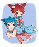  2boys :o animal_ears bangs bare_arms barefoot biting blue_eyes blue_hair blue_pants ear_biting extra_ears facial_mark full_body gen_3_pokemon highres long_sleeves lying lying_on_lap male_focus minun multiple_boys no_shoes off_shoulder on_lap on_stomach pajamas pants personification plusle pokemon red_eyes red_hair red_pants red_shirt shirt sitting sleeves_past_wrists smile socks symbol-shaped_pupils tail tank_top thebrushking white_legwear 