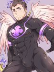  1boy angel angel_wings bara black_bodysuit black_hair blush bodysuit bulge chest facial_hair feathered_wings flustered flying frown halo highres looking_at_viewer male_focus manly muscle nether_angel_(tokyo_houkago_summoners) polearm purple_eyes short_hair simple_background solo stubble thick_thighs thighs tight tokyo_houkago_summoners weapon wings youzora_samo18 