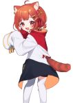  1girl :d animal_ear_fluff bangs black_shorts blush brown_hair eyebrows_visible_through_hair fang flower from_behind hair_flower hair_ornament hairclip hands_up long_sleeves looking_at_viewer looking_back nijisanji open_mouth ratna_petit red_eyes red_flower red_panda_ears red_panda_tail short_shorts shorts simple_background sleeves_past_fingers sleeves_past_wrists smile solo standing striped_tail tail thighhighs virtual_youtuber white_background white_legwear x_hair_ornament yamabukiiro younger 