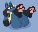  3_toes anthro anus backsack balls birdvian butt genitals hi_res lucario male nintendo paws pok&eacute;mon pok&eacute;mon_(species) presenting simple_background solo toes tongue tongue_out video_games 