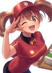  1girl ;d bangs blush bow breasts brown_eyes brown_hair employee_uniform fast_food_uniform hair_between_eyes hataraku_maou-sama! highres large_breasts long_hair looking_at_viewer one_eye_closed open_mouth polo_shirt sasaki_chiho sayshownen short_hair short_twintails simple_background skirt smile solo tray twintails uniform visor_cap white_background yellow_bow 