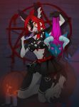  absurd_res anthro black_body blood bodily_fluids bottomwear bra candle canid canine clothing cross decapitation dragon female gore hair hi_res knife l1s14ka mammal multicolored_body pentagram red_body red_hair satanic skirt underwear white_body yellow_eyes 