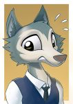  anthro beastars bodily_fluids canid canine canis clothed clothing dori-to hi_res legoshi_(beastars) male mammal necktie simple_background snout solo sweat sweatdrop toony wolf 