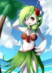  anthro breasts coconut_bra evergreen_tree female flower gardevoir grass_skirt green_hair hair hand_on_head hi_res junjie_oyan nintendo outside palm_tree plant pok&eacute;mon pok&eacute;mon_(species) red_eyes sanaria_(solar_feyera) sea sky smile solo tree video_games water white_body 