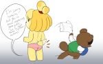  2020 animal_crossing anthro assisted_exposure bottomless bottomwear brown_body brown_fur butt canid canine canis clothed clothing dialogue domestic_dog duo euf-dreamer female fur furgonomics hi_res isabelle_(animal_crossing) male mammal nintendo pink_clothing pink_underwear polka_dot_panties raccoon_dog shih_tzu shirt skirt speech_bubble speed_lines surprise sweater_vest tanuki tom_nook_(animal_crossing) topless topwear toy_dog underwear vest video_games yellow_body yellow_fur 