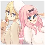  2girls :d alternate_costume back-to-back bangs black-framed_eyewear black_bow blonde_hair blue_eyes blunt_bangs border bow breasts brown_sweater bubble_tea commentary_request cup disposable_cup drinking_straw eyebrows_visible_through_hair from_side fujiwara_chika glasses grey_background hair_bow hayasaka_ai holding holding_cup juugonichi_(wheeliex2) kaguya-sama_wa_kokurasetai_~tensai-tachi_no_renai_zunousen~ large_breasts long_hair long_sleeves looking_at_viewer medium_breasts multiple_girls open_mouth pink_hair ribbed_sweater short_hair side_ponytail smile sweater turtleneck turtleneck_sweater upper_body white_border white_headwear 