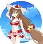  1girl 398sky android bikini blue_sky blush breasts brown_hair cloud flower frilled_bikini frills green_eyes hair_between_eyes hair_flower hair_ornament hand_on_headwear hat hat_flower highres iris_(rockman_x) long_hair low-tied_long_hair medium_breasts open_mouth red_bikini rockman rockman_x rockman_x_dive sky smile solo sun_hat swimsuit 