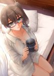  1girl bespectacled blue-framed_eyewear breasts brown_hair cleavage coffee coffee_mug collarbone cup dress_shirt dust_particles eyelashes from_above glasses glasses_day green_eyes hair_tie highres indoors kaga_(kantai_collection) kantai_collection large_breasts lips looking_at_viewer machi_(ritovoyage) morning mug naked_shirt on_bed open_clothes open_shirt pillow shirt side_ponytail sitting solo steam sunlight thighs tsurime twitter_username wooden_floor 