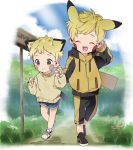  2boys :d ^_^ animal_ears black_footwear blonde_hair blue_eyes blue_footwear blush_stickers child closed_eyes closed_mouth day drawstring extra_ears facial_mark facing_viewer full_body gen_1_pokemon gen_2_pokemon hand_up hands_up height_difference highres holding_hands hood hood_down hooded_jacket jacket long_sleeves multiple_boys nature open_mouth pants pichu pikachu pikachu_ears pokemon pokemon_ears road road_sign scratching_head shoes sign sky smile socks sweater thebrushking walking yellow_jacket yellow_pants yellow_sweater 