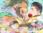  2boys animal_ears apple arsalan_(tokyo_houkago_summoners) bara bare_chest beard black_bodysuit black_hair blonde_hair blush bodysuit brown_fur cape chest chest_hair couple eye_contact facial_hair feeding fingernails food fruit furry green_cape green_hair halo heart heart_background hug lion_boy lion_ears looking_at_another macaron male_focus medium_hair multicolored_hair multiple_boys muscle open_mouth red_eyes sharp_fingernails short_hair stubble tokyo_houkago_summoners two-tone_hair upper_body yaoi yellow_eyes youzora_samo18 zabaniya_(tokyo_houkago_summoners) 