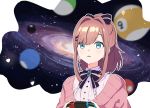  1girl blue_eyes brooch brown_hair cardigan center_frills collared_shirt commentary controller eyebrows_visible_through_hair frills ftst2020 galaxy game_controller hair_ornament holding holding_controller holding_game_controller jewelry nijisanji nintendo_switch open_mouth pink_cardigan pool_ball shirt sidelocks solo space space_cat_(meme) suzuhara_lulu upper_body virtual_youtuber white_shirt x_hair_ornament 