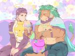  2boys abs animal_ears arsalan_(tokyo_houkago_summoners) bara bare_chest beard black_bodysuit black_hair blonde_hair blush bodysuit brown_fur bulge cape chest closed_eyes clothing_cutout couple crossed_legs facial_hair feet_out_of_frame fingernails food furry giving green_cape green_hair halo ice_cream licking_lips lion_boy lion_ears male_focus medium_hair multicolored_hair multiple_boys muscle sharp_fingernails short_hair sitting stubble thick_thighs thigh_cutout thighs tokyo_houkago_summoners tongue tongue_out two-tone_hair yellow_eyes youzora_samo18 zabaniya_(tokyo_houkago_summoners) 