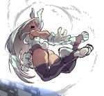  1girl :d animal_ears ass black_legwear boku_no_hero_academia breasts bunny_ears bunny_tail gloves grey_hair highres jumping large_breasts leotard long_hair looking_at_viewer mirko open_mouth red_eyes smile solo ssambatea tail thighhighs upper_teeth very_long_hair white_gloves 