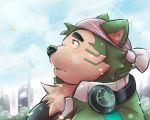  2020 5:4 anthro black_nose canid canine canis domestic_dog fur green_body green_fur headphones_around_neck kemono live-a-hero male mammal mokdai portrait slightly_chubby solo video_games zin_teki 