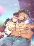  2boys animal_ears arsalan_(tokyo_houkago_summoners) bara bare_chest beard black_bodysuit black_hair blonde_hair blush bodysuit bracelet brown_fur bulge chest closed_eyes clothing_cutout couple facial_hair feet_out_of_frame furry green_hair halo highres jewelry leaning_to_the_side lion_boy lion_ears male_focus medium_hair multicolored_hair multiple_boys muscle nipples short_hair sleeping sleeping_on_person sleeping_upright stubble thick_thighs thigh_cutout thighs tight tokyo_houkago_summoners tree_branch two-tone_hair yellow_eyes youzora_samo18 zabaniya_(tokyo_houkago_summoners) 