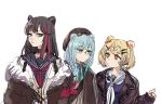  animal_ears arknights bangs bear_ears beret black_choker black_jacket blue_eyes braid brown_hair choker fur-trimmed_jacket fur_trim gummy_(arknights) hat highres holding istina_(arknights) jacket long_hair long_sleeves monocle multicolored_hair multiple_girls naizo_(kimosugimasu) red_hair sailor_collar shirt streaked_hair white_sailor_collar zima_(arknights) 