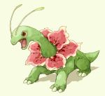  brown_eyes claws commentary_request flower full_body gen_2_pokemon meganium no_humans nyala_(nyala_766) open_mouth pink_flower pokemon pokemon_(creature) simple_background solo tongue 