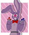  2018 4_fingers animatronic anthro bonnie_(fnaf) bow cynicalsonata eyebrows fidget_spinner fingers five_nights_at_freddy&#039;s fur glowing glowing_eyes grey_body head_tuft hi_res lagomorph leporid long_ears machine mammal meme musical_note purple_body purple_fur purple_inner_ear rabbit red_eyes robot sharp_teeth small_tail smile standing teeth tuft video_games 