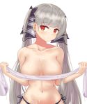  1girl absurdres azur_lane bare_shoulders breasts cleavage closed_mouth collarbone covered_nipples cum cum_on_body cum_on_upper_body eyebrows_visible_through_hair formidable_(azur_lane) grey_hair hair_ribbon hamstarhand highres holding holding_clothes holding_legwear long_hair looking_at_viewer medium_breasts navel no_bra platinum_blonde_hair red_eyes ribbon solo stomach twintails white_background 