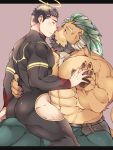  2boys animal_ears arsalan_(tokyo_houkago_summoners) ass bara bare_chest beard black_bodysuit black_hair blonde_hair blush bodysuit brown_fur chest clothing_cutout couple eye_contact facial_hair feet_out_of_frame fingernails furry green_hair halo hands_together highres holding_hands imminent_kiss leg_between_thighs lion_boy lion_ears looking_at_another male_focus medium_hair multicolored_hair multiple_boys muscle paws red_eyes sharp_fingernails short_hair stubble thick_thighs thigh_cutout thighs tight tokyo_houkago_summoners two-tone_hair yaoi yellow_eyes youzora_samo18 zabaniya_(tokyo_houkago_summoners) 