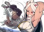  1girl :d animal_ears armpits ass black_legwear boku_no_hero_academia breasts bunny_ears bunny_tail fur_collar gloves grey_hair hands_up highres jumping large_breasts leotard long_hair looking_at_viewer mirko multiple_views one_eye_closed open_mouth red_eyes smile ssambatea tail thighhighs upper_teeth very_long_hair white_gloves 