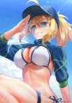  1girl abazu-red ahoge artoria_pendragon_(all) bangs baseball_cap bikini blonde_hair blue_eyes blue_headwear blue_jacket breasts cropped_jacket fate/grand_order fate_(series) hair_between_eyes hair_through_headwear hat highres jacket large_breasts long_hair looking_at_viewer mysterious_heroine_xx_(foreigner) ponytail shrug_(clothing) smile swimsuit thigh_strap thighs white_bikini 