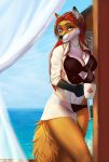  4_breasts 5_fingers anthro breasts canid canine clothed clothing day detailed_background digital_media_(artwork) eyebrows eyelashes female fingers fox hair hi_res looking_at_viewer mammal multi_breast outside red_hair sky smile solo taurusart yellow_eyes 