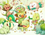  black_eyes blush bulbasaur chespin chikorita closed_eyes commentary_request fang gen_1_pokemon gen_2_pokemon gen_3_pokemon gen_4_pokemon gen_5_pokemon gen_6_pokemon gen_7_pokemon gen_8_pokemon grookey head_wreath kemonomichi_(blue_black) no_humans open_mouth pokemon pokemon_(creature) riding_pokemon rowlet sitting snivy standing starter_pokemon tongue treecko turtwig 