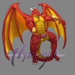  1:1 anthro balls bodily_fluids cum cum_on_penis dragon erection genital_fluids genitals hand_on_penis hi_res horn humanoid_genitalia hythrojin looking_at_viewer male muscular muscular_anthro muscular_male penis red_body red_scales scales solo tongue tongue_out watermark wings yellow_body yellow_scales 
