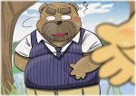  2020 anthro belly black_nose blush bottomwear brown_body brown_fur clothing fur gatoggy kemono male mammal necktie outside overweight overweight_anthro overweight_male pants shirt solo topwear ursid 