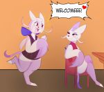  anthro bow chair clothed clothing dialogue dialogue_box dress duo fan_character female furniture girly hi_res kitsunekotaro male male/female mienshao nintendo pok&eacute;mon pok&eacute;mon_(species) shoa_mien sitting smile table video_games whiskers 